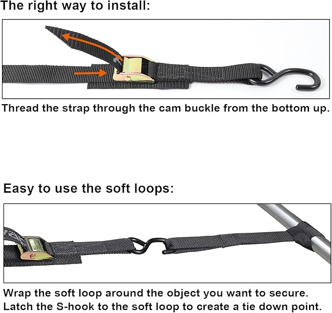 Ayaport Cam Buckle Tie Down Straps 6 feet 2200lbs Break Strength Securing Straps with S Hooks for Motorcycle, Kayak, Car, Truck, Dirt Bike, Pack of 4