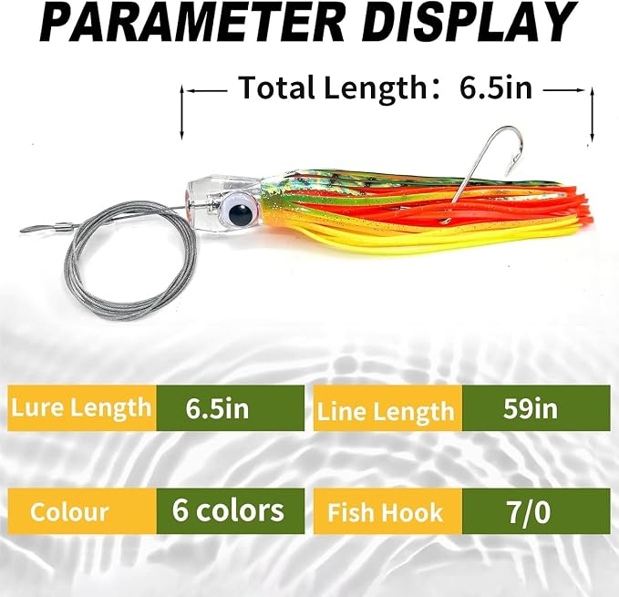 YOTO Trolling Lure Saltwater,6.5/9 inch 6 pcs Squid Skirted Deep Sea Fishing Lure kit,Tuna,Marlin,Wahoo,Shark,Mahi Trolling Fishing Lures
