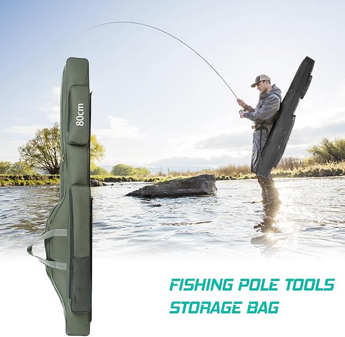 Fishing Rod Case with Fishing Tackle Box Portable Folding Rod Case Pole Reel Storage Bag Gears Organizer (80CM)