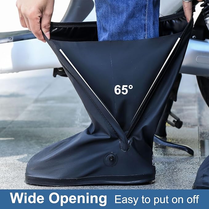 Waterproof Shoe Covers, Reusable & Foldable Rain Boot Shoe Cover with Zipper, Non-Slip, Reflector, Men Women Rain Gear, Black