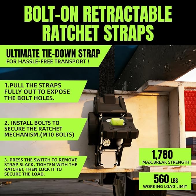 Boat Transom Retractable Ratchet Straps 2 Pack – 1″x11′ 1760lb Break Strength,Bolt On Tie Down Straps for Truck Bed,Trailer, Self-Retracting Mountable Cargo Straps