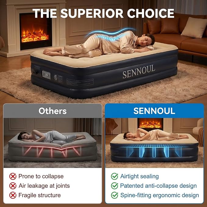 SENNOUL Twin Air Mattress with Built-in Pump,Fast & Easy Inflation/Deflation Inflatable Mattress, Foldable Blow Up Mattress with Storage Bag, Inflatable Bed for Home, Camping & Guests,18"/550lbs Max
