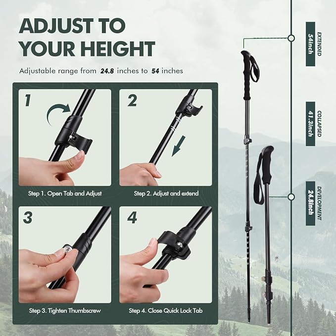 Ultralight 7.6oz 100% Carbon Fiber Trekking Poles, 2-Pack Collapsible Anti-Shock Hiking Poles with Tungsten Carbide Tips & EVA Foam Grip, Compact for Backpacking, Camping, Mountaineering
