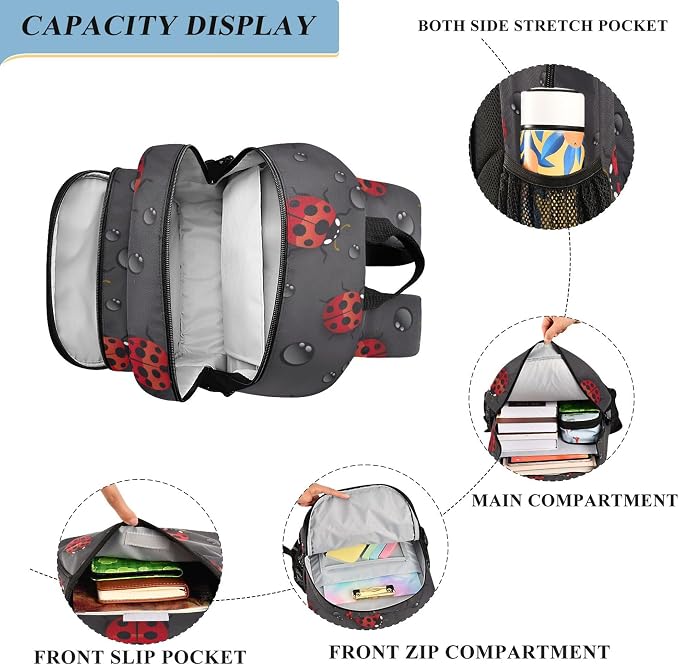 Fisyme Red Ladybugs School Backpack Laptop Backpack Bags Bookbag Travel Casual Computer Notebooks Daypack