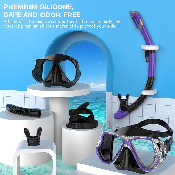 Greatever Dry Snorkel Set,Panoramic Wide View Anti-Fog Scuba Diving Mask,Professional Snorkeling Gear for Adults Kids
