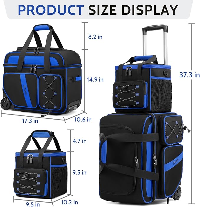 BOSSTIN 3 Ball Bowling Bag with Wheels, 2 Ball Bowling Bags Double roller with 1 Ball Add On Bag, Multi-Pockets & Shoe Compartment (Fits Up to Size 15)