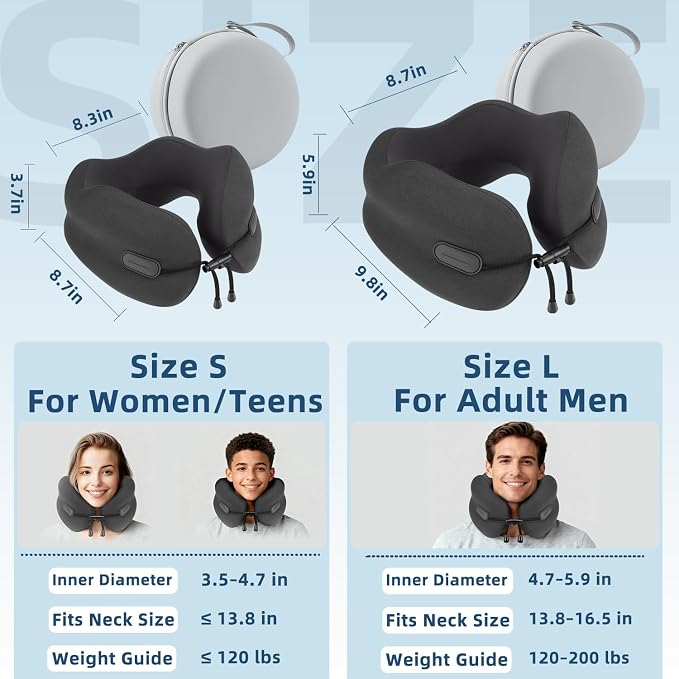 Ergonomic Travel Neck Pillow for Airplane, Memory Foam Support for Long Haul Flight Headrest, Soft Compact U Shaped for Adult Men Plane Sleeping, Portable Carry Box, Eyemask, Earplugs, Size L