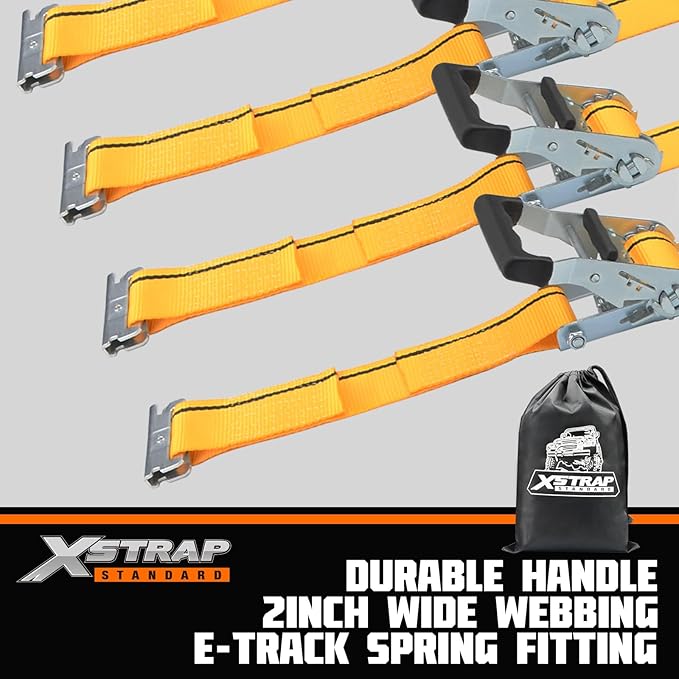 XSTRAP STANDARD 4 Pack E-Track Ratchet Straps 2" x16', 4400 LBS Break Strength Interior Van Solution Heavy Duty Tie Down Strap for Moving, Truck, Trailers, Motorcycles, Kayaks, Car Roof, Orange