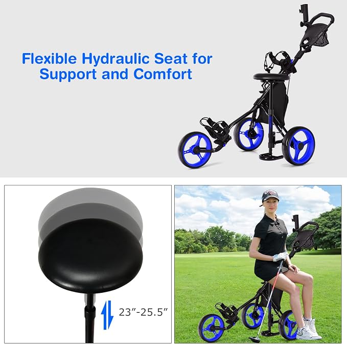 GYMAX Foldable 3-Wheel Height Adjustable Lightweight Golf Caddy Cart with Umbrella Holder, Hydraulic Seat, Storage Bag & Cup Holder
