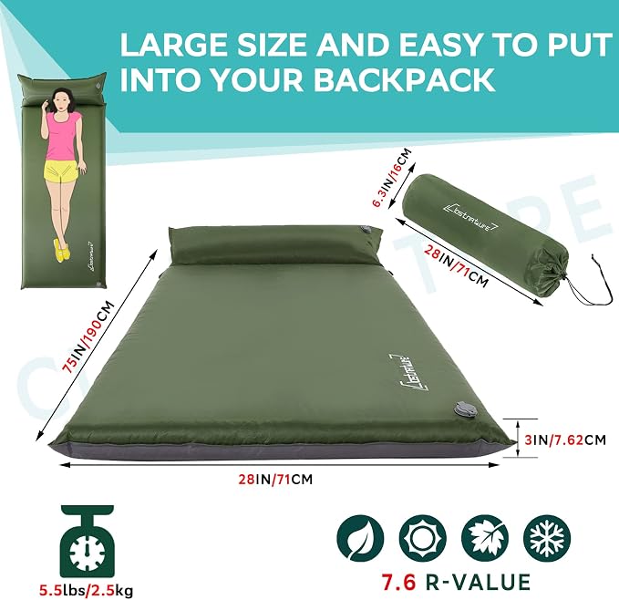 Clostnature Self Inflating Sleeping Pad for Camping - 1.5/2/3 inch Camping Pad, Lightweight Inflatable Camping Mattress Pad, Insulated Foam Sleeping Mat for Backpacking, Tent, Hammock