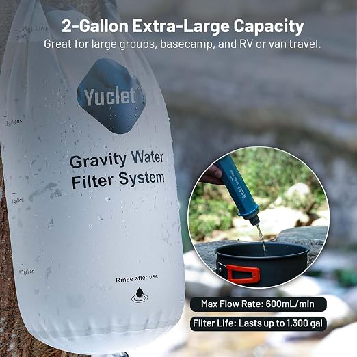 Gravity Water Filter System for Hiking, Camping, Travel, and Emergency Preparedness (1 Gravity Bag, 2 Water Filter Straw, 5 Squeezable 20-Oz Water Pouch)