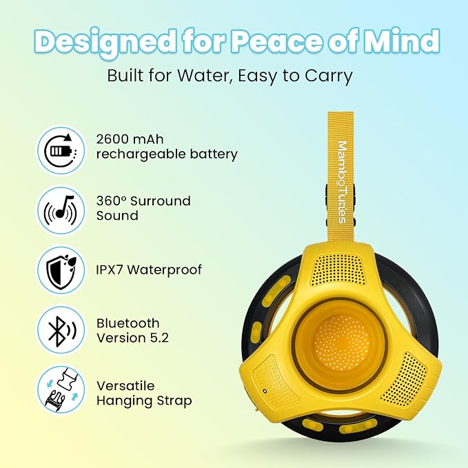 Mambobaby Float Bluetooth Speaker with Foldable Cup Holder, IPX7 Waterproof Bathroom Speaker, 360° Surround Sound, Colorful LED Lights, Dual Speakers, Ideal for Pool, Beach & Outdoor Use-Yellow Black