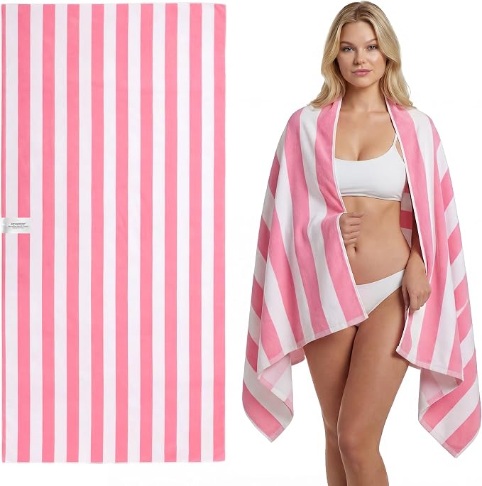 JOYMOOP 3-Pack Microfiber Beach Towel Set – 70" x 35.4" Ultra-Absorbent Beach Towels Oversized, Sand-Free & Portable, Quick-Dry Cabana Stripe Towels with Travel Storage Bags (Pink & White)