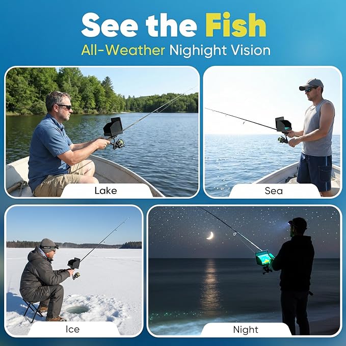 Underwater Fishing Camera with 5" IPS Monitor, 1000TVL, 178° Wide-Angle, IP68 Waterproof, 12 IR Night Vision, 98ft Cable, 8000mAh Battery—Fish Finder Video System for Ice, Lake, River & Boat