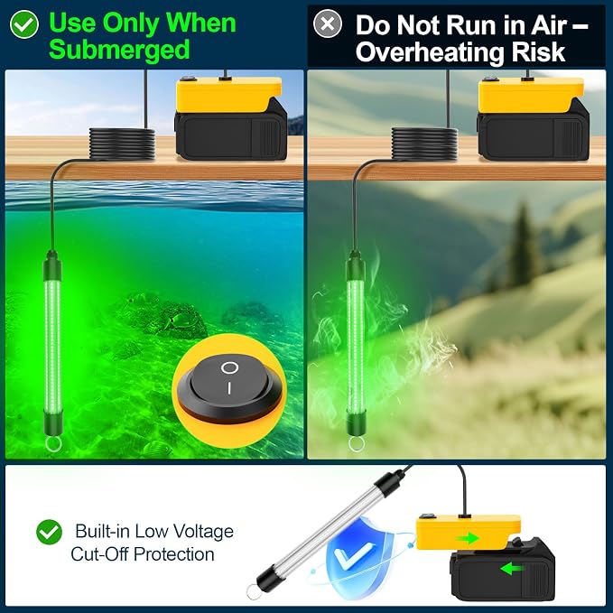 LED Underwater Fishing Light Compatible with for DeWalt 20V Battery（Battery Not Included）, 3000 Lumens, IP68 Waterproof Submersible Green Fish Attractor Light for Night/Ice/Boat Fishing
