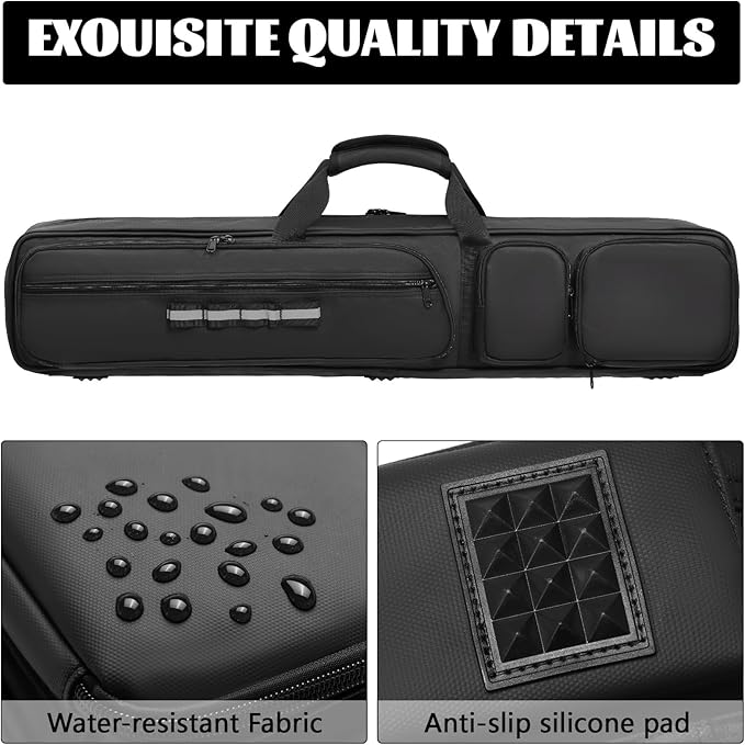 Pool Cue Case 4x4, Pool Stick Case Cue Bag with Hidden Backpack-Strap, Cue Stick Case Holds 4 Butts and 4 Shafts, Billiard Pool Cue Carrying Case with Large Front Accessory Pockets and 1 Cue Ball Case