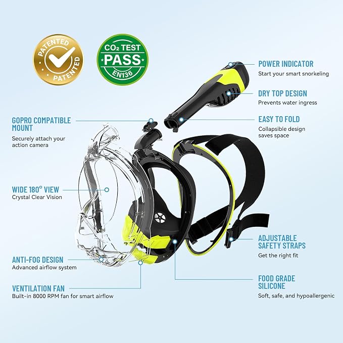 Electric Full Face Snorkel Mask for Adults, Fan-Assisted Airflow Snorkeling Gear, 180° Panoramic Anti-Fog View, Dry Top Leak-Resistant Design with Camera Mount for Beach Vacation