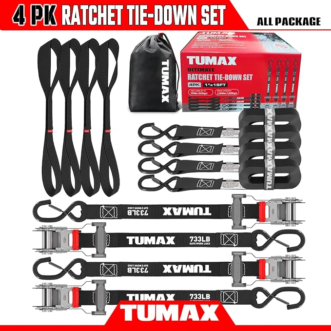 4Pcs Ratchet Tie Down Straps for 2200lb Break Strength, 1” x 15FT Tie Down Straps with Soft Loop & Safety S Hook - Cargo Strap Tie Down for Trucks, Motorcycle, Moving, Appliances, Black