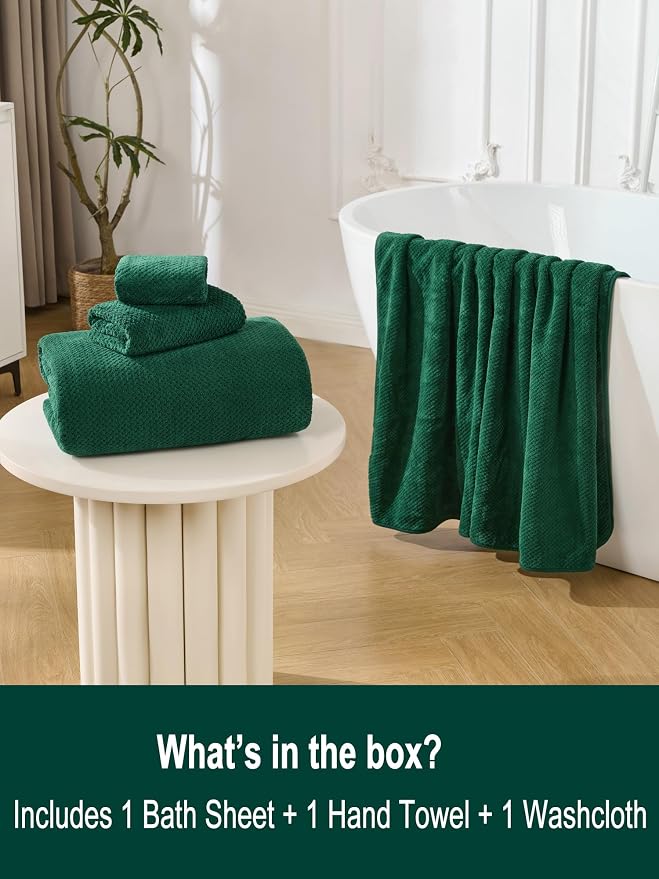 Extra Large Bath Sheet Set 3-Piece, 1 Bath Towel 40x80 Inches, 1 Hand Towel, 1 Washcloth, Soft Absorbent Quick Dry Microfiber Towel for Bathroom Beach Pool Gym Spa, Dark Green
