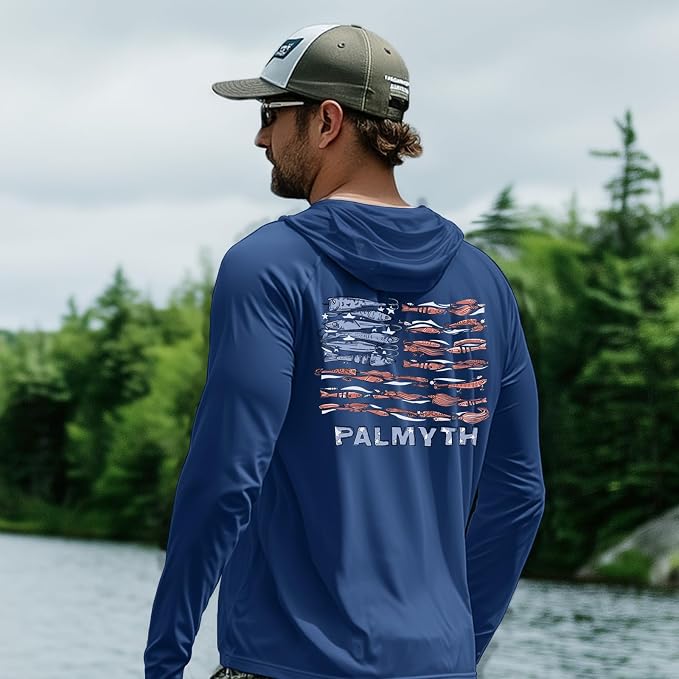 Palmyth Fishing Hoodie for Men Long Sleeve Sun Protection UV UPF 50+ Shirts | Hidden Zipper Pocket, Thumb Loops, Quick-Dry, Side Mesh Panels, Lens Cleaning Cloth, 4-Way Stretch