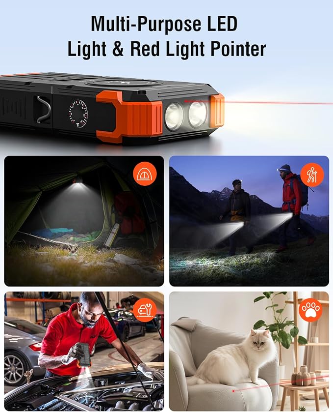 Solar Power Bank 20000mAh with Built-in 4 Cables, Wireless Portable Charger USB-C 3A Fast Charging for iPhone Samsung, Battery Pack with Flashlight, Thermometer, Solar Charger for Camping Travel