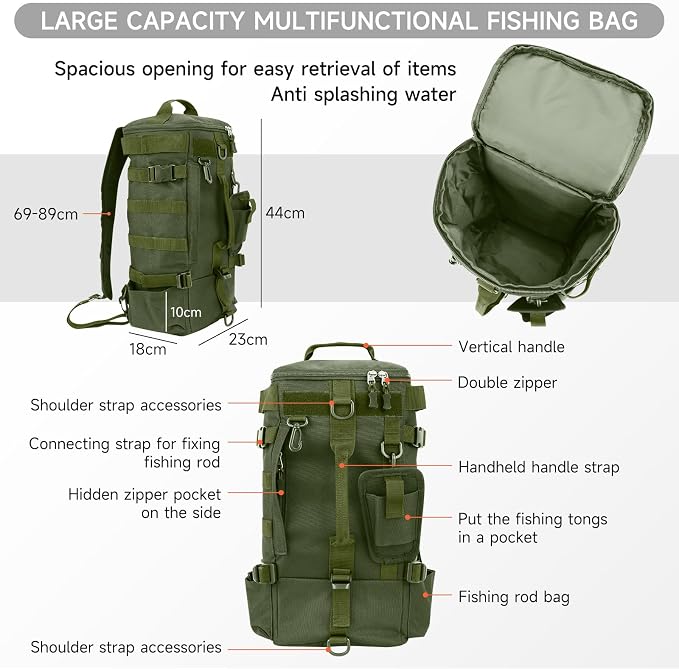 KOMCLUB Dark Green Fishing Sling Tackle Storage Backpack, Lightweight‌ | Water-Resistant Outdoor Gear Bag, Stores Fishing Equipment, Ideal for Short Trips