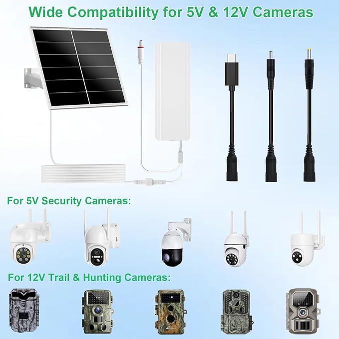FUTUREZEN 20W Solar Panel Kit for Security & Trail Cameras, Includes Adjustable 5V/12V Output, USB-C & DC Plugs, Installation Accessories