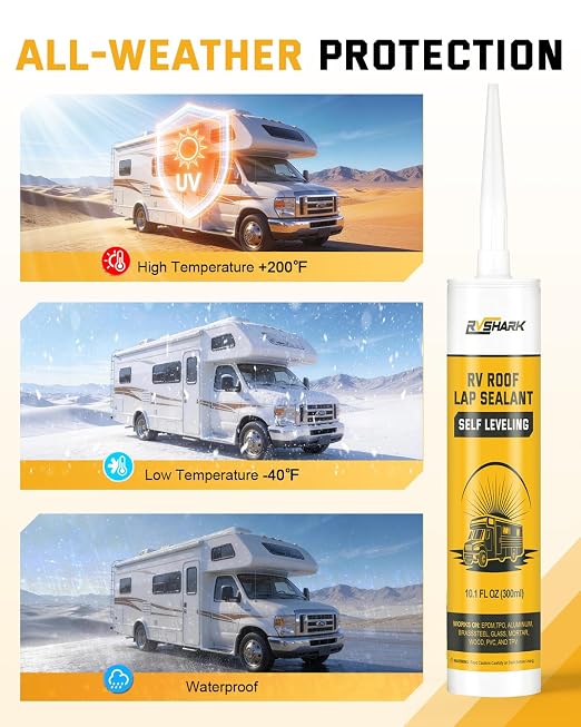 RV Roof Sealant 2 Pack, 30 Seconds Self Leveling Lap Sealant – White, Fast Curing Waterproof Flexible Caulk RV Sealant with Gloves for Camper Trailer Roofs Maintenance Repair