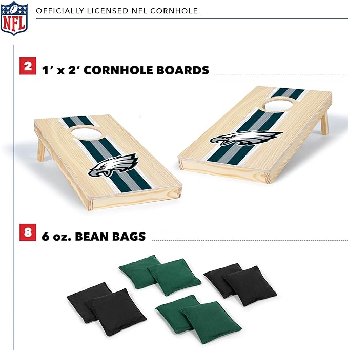 NFL Football Portable Size 1' x 2' Solid Wood Cornhole Set with Direct Print HD Team Graphics – Travel Size