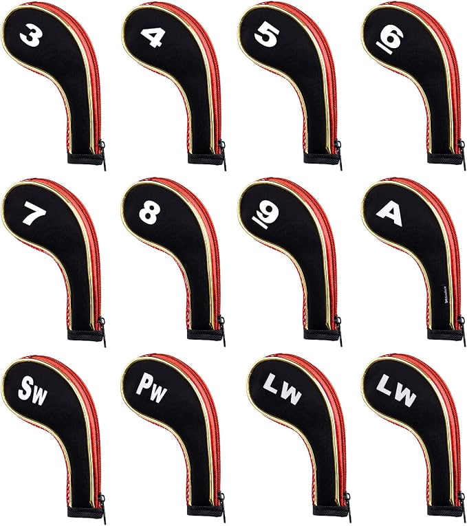 Andux Gold Golf Iron Club Head Covers No. on Both Sides Long Neck with Zipper 12pcs/Set