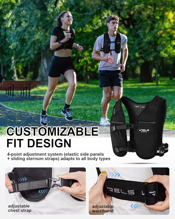 WRELS Running Vest for Women Men,Lightweight Reflective Hydration Vest with TPU 500ml Soft Flask,Adjustable Chest Straps Phone Pocket for Running Marathon