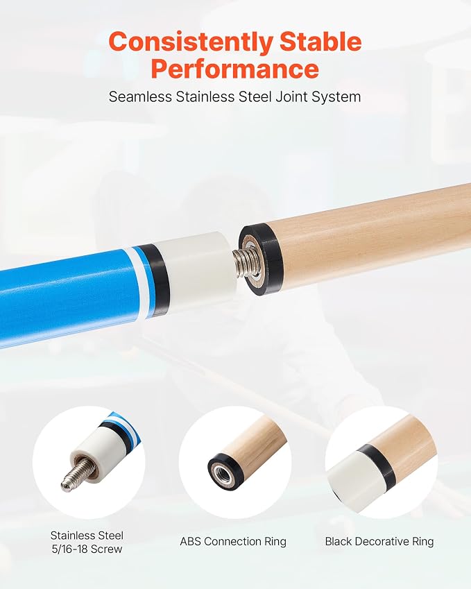 VEVOR Pool Cue, Pool Stick, 58 inch Billiard Pools Cue Stick with Multi-Layer Tip & ABS Connection Ring, Cues Sticks for Professional Pool Table, Bar, Home, Office