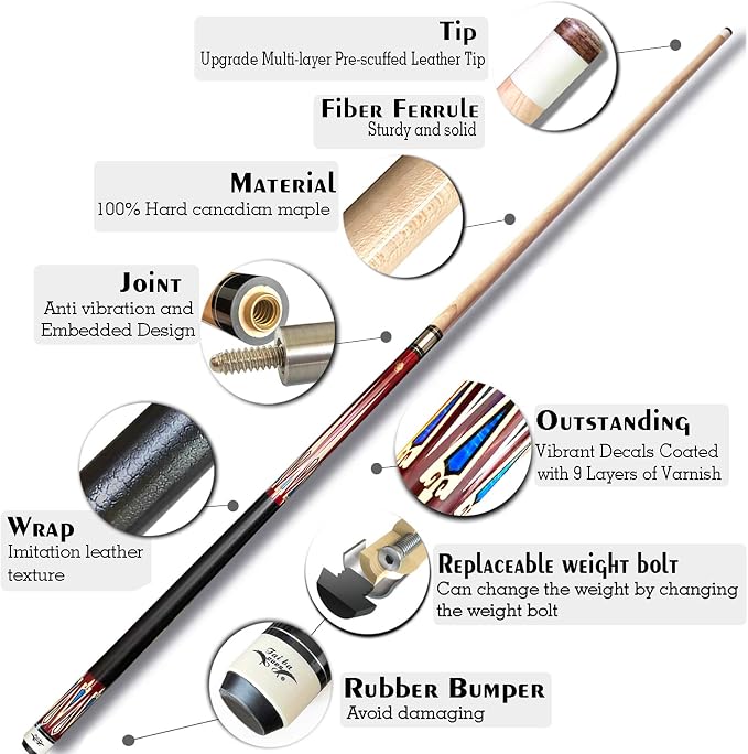 Tai ba cues 2-Piece Pool cue Stick + Hard Case, 13mm Tip, 58", Hardwood Canadian Maple Professional Billiard Pool Cue Stick 18,19,20,21,22 Oz Pool Stick (Selectable)-Blue, Black, Red, Gray, Green