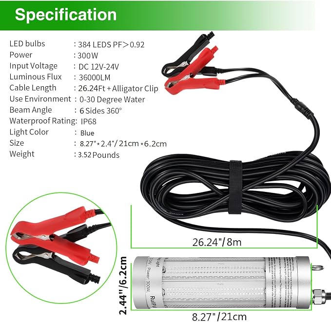 300W 36000lm Underwater Fishing Light, IP68 Waterproof Aluminum Super Bright Night Fish Attracting Submersible LED Lamp Lure Bait Finder for Freshwater Saltwater Sea Kayak Ice Dock (Blue)