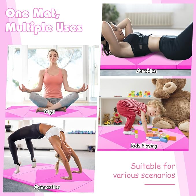 Goplus Gymnastics Mat, Folding Tumbling Mat with Carry Handles, Hook & Loop Fasteners, 4 Panels for Fitness Exercise Yoga Stretching Aerobics Workouts, Thick Gym Mats for Home
