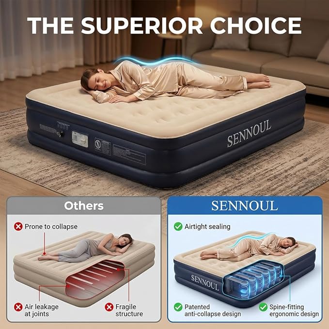 SENNOUL King Size Air Mattress with Built in Pump - Upgraded Blow Up Bed, 2 Mins Quick Self Inflatable/Deflation, 18"/750lbs Max, Strong Support,No Leakage,No Odor,for Home,Guests,Camping,Travel