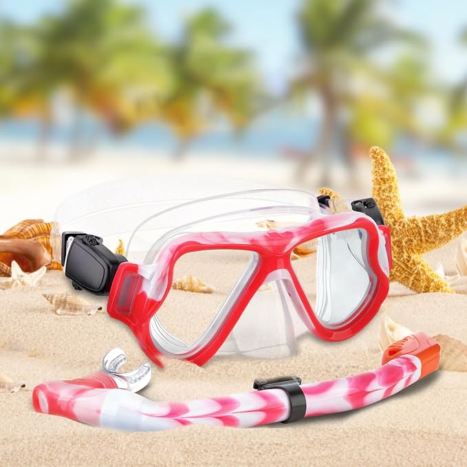 Snorkeling Gear for Kids, 4 in 1 Child Mask Fins Snorkel Set with Panoramic View Anti Fog Mask, Dry Top Snorkel, Trek Fins and Travel Bag, Kids Snorkeling Set with Fins for Snorkeling Swimming
