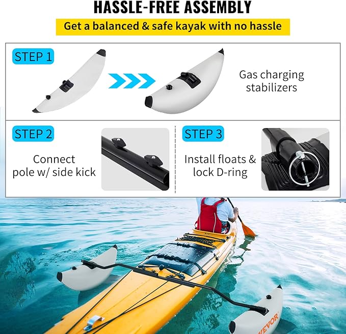VEVOR Kayak Stabilizers, 2 PCS, PVC Inflatable Kayak Outrigger Float with Sidekick Arms Rod, Standing Float Stabilizer System Kit for Kayaks, Canoes, Fishing Boats