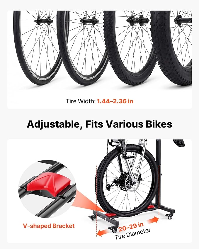 VEVOR Bike Stand 2 Pack, Freestanding Vertical & Horizontal Bike Storage Rack, with Lockable Casters, Height Adjustable Carbon Steel Upright Garage Bicycle Floor Stand, for 20-29 in Wheels, Black