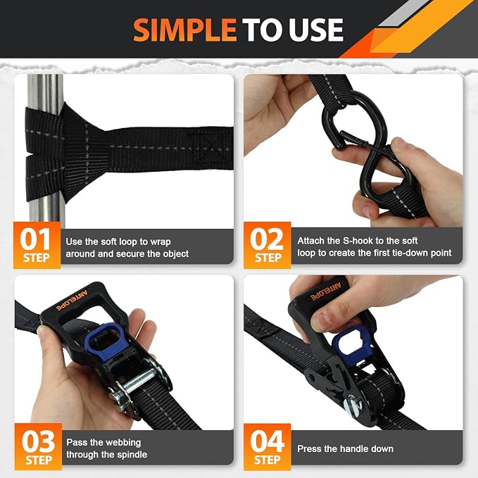 Ratchet Tie Down Straps Set, 2100 LBS Breaking Strength, 4 Pack 1" x 15' Heavy Duty Ratchet Straps, Cargo Strap, Motorcycle Straps for Trucks, Bicycle, Kayak, Moving, Tie Downs with S Hooks, Black