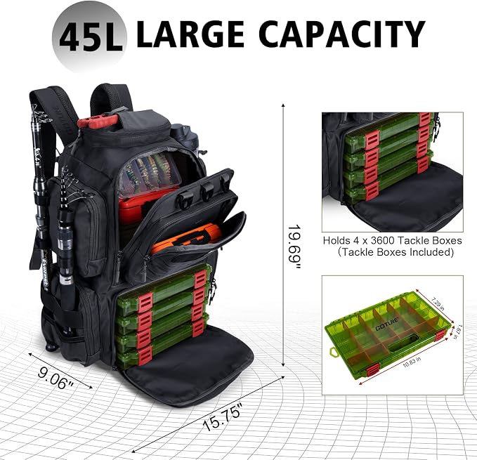 Goture Fishing Backpack with 4 Tackle Boxes,900D Water-Resistant Tackle Backpack with Rod Holders,45L Large Fishing Bag Storage Gear Tackle Bag with Rain Cover,Bottle Holder for Travel Camping Hiking
