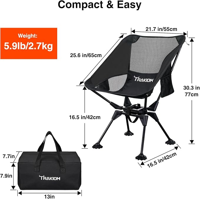 Trakiom 360° Swivel Folding Camping Chairs, Compact and Portable Chair for Outdoor Camp, Foldable Chairs with Anti-Sinking Large Feet for Travel, Beach, Picnic, Sports, Fishing Support 300 LBS(Black)