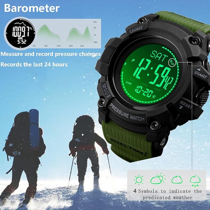 Watch Compass, Altimeter Barometer Thermometer Temperature, Pedometer, Military Army Waterproof Outdoors Sport Digital Watch for Men
