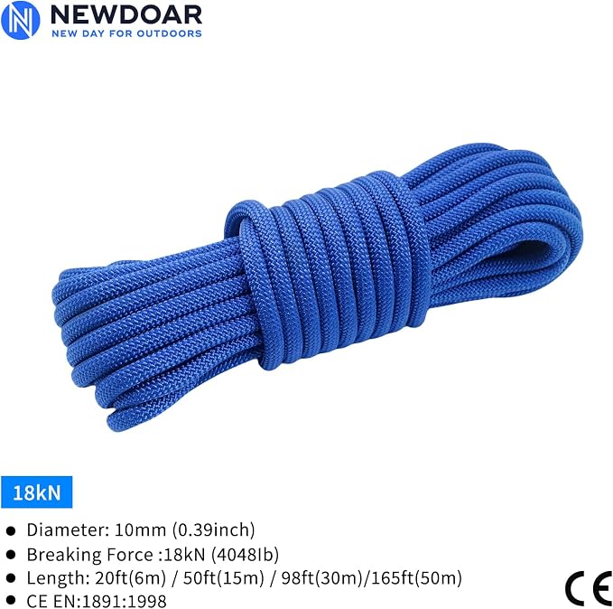 NewDoar Static Climbing Rope - 8mm (5/16c) / 10mm (3/8”) Double Braid Accessory Cord for Rock,Hauling, Prusik, Survival - Pre-Cut 20FT, 50FT, 100FT, 165FT Lengths - Outdoor, Fire Rescue Equipment