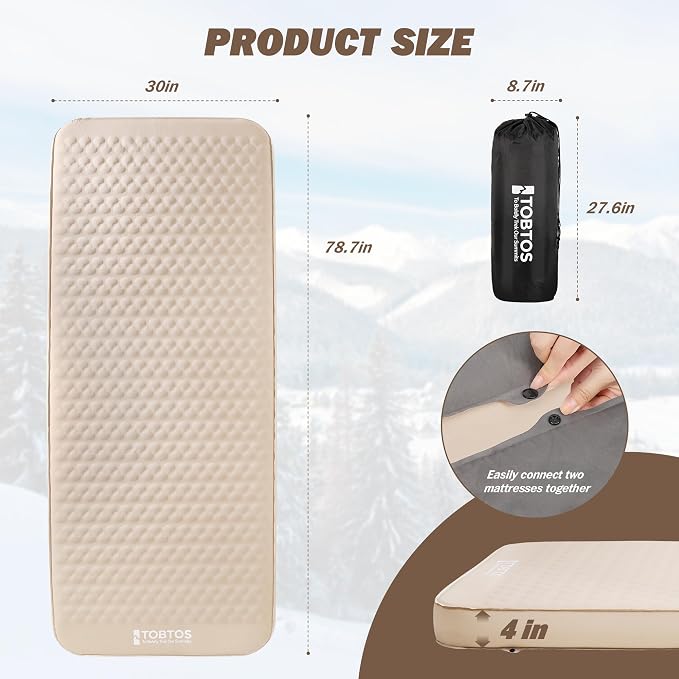 TOBTOS 4" Thick Self Inflating Sleeping Pad with Electric Pump, 60s Inflate Ultra-Compressible Compact Foam Camping Mattress, Insulated Sleeping Mat for Tent, Car, Camping