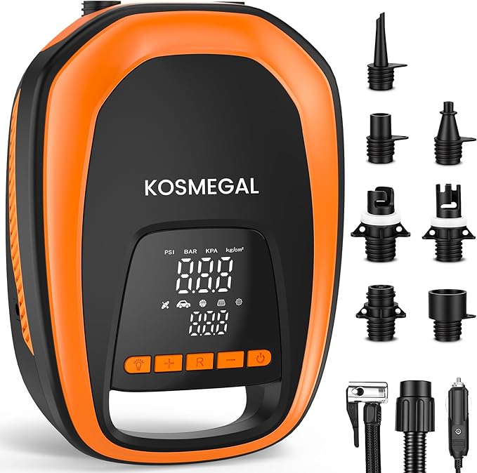 kosmegal Paddle Board Pump Electric Portable, SUP Pump for Paddleboard, 20PSI Air Compressor with Auto-Off, Deflation Function for Inflatables, Kayaks and Boats