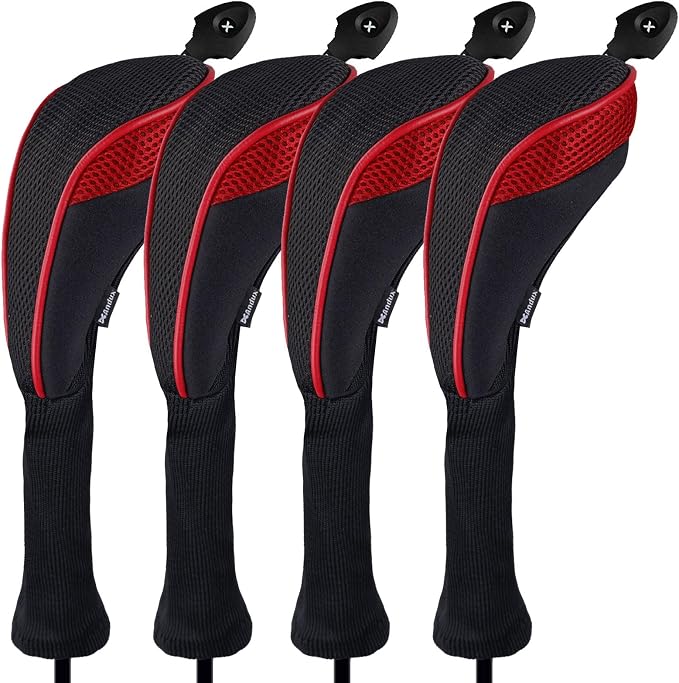 Andux 4 Pack Long Neck Golf Hybrid Club Head Covers Dial No. Tag CTMT-01 | Mesh Breathable material | all the Same Size | Coloured Piping | Pull-On Closure