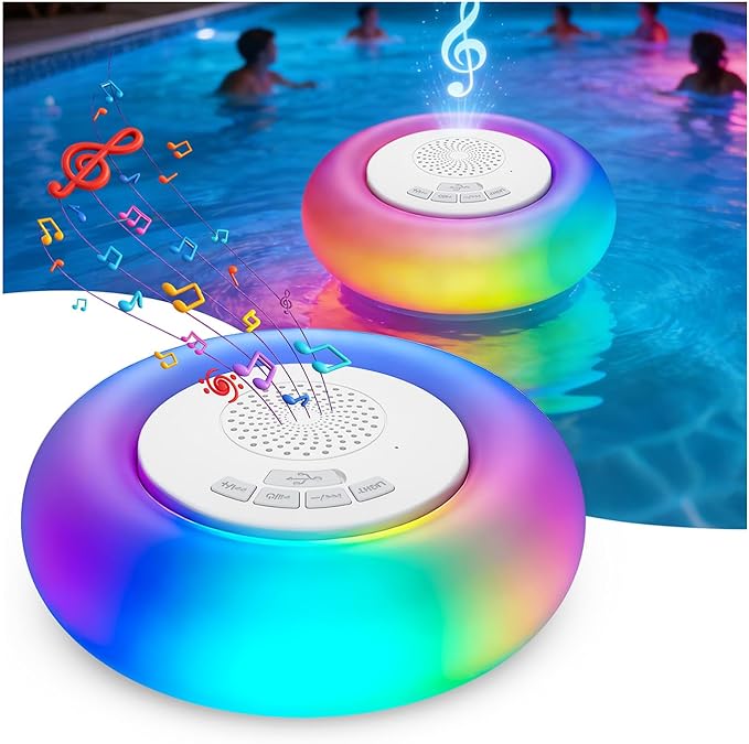 2 Pack Floating Pool Lights with Bluetooth Pool Speaker, 2-in-1 RGB Pool Lights, IP68 Waterproof, 360° Hi-Fi Sound for Pool, Hot Tub and Outdoor Parties