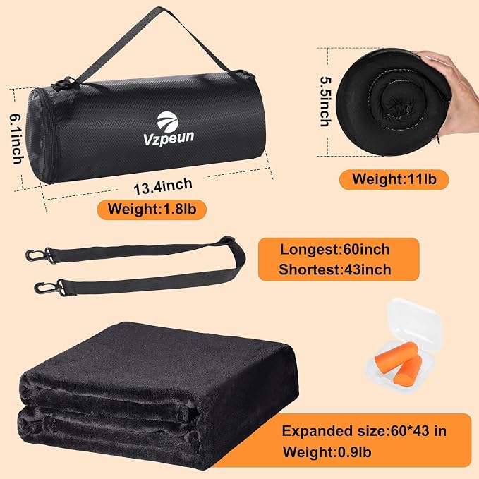 Travel Pillow Blanket Set - Hooded Neck Pillows Airplane with Portable Bag Earplugs, Memory Foam Filling, Long Flights Trip Essentials for Plane, Office, Cars Sleeping