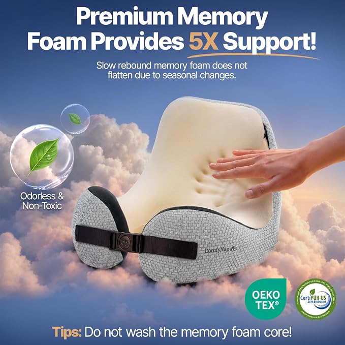 ComfyNap® Versatile Travel Neck Pillow for Airplane [Patented], 9 Positions in 3 Techniques, Plane Pillow with Pure Memory Foam, Travel Pillow with HeadRest Flight Sleep, Travel Essential - Moon